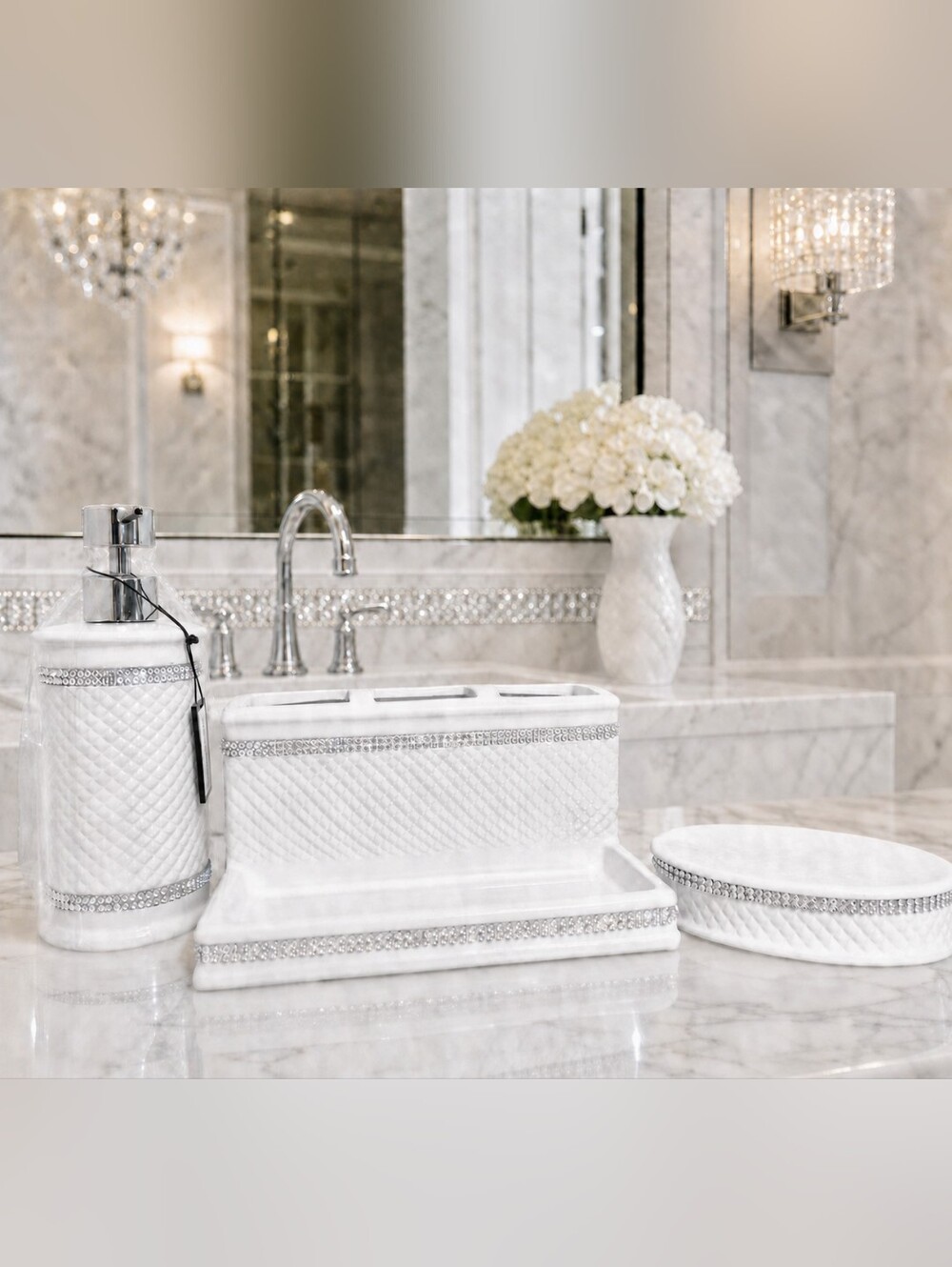 White Rhinestone Bathroom Decor Set